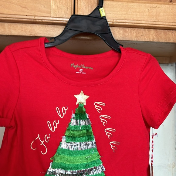 NWT Magical Season Red Fa La La Fringed Christmas Tree Short Sleeves Tee XS - Picture 5 of 16
